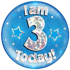 A blue balloon with the words "I am 3 today" on it.