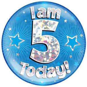 A blue balloon with the words "I am 5 today" on it.