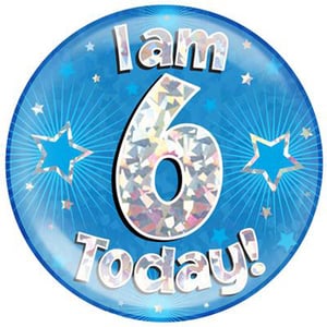 A blue balloon with the words "I am 6 today" on it.