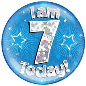 A blue balloon with the words "I am 7 today" on it.