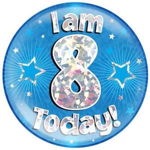 A blue balloon with the words "I am 8 today" on it.