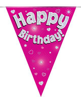 A pink, happy birthday banner with hearts and stars.