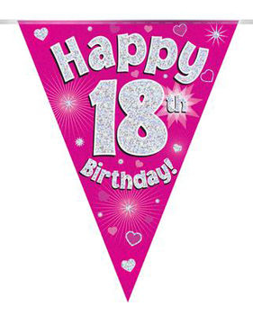 A pink flag with the words "Happy 18th birthday" on it.