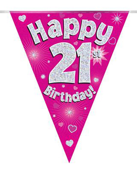 A pink banner that says "Happy 21st birthday."
