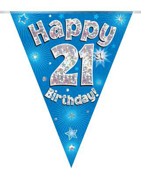 A blue birthday banner with the words "Happy 21st birthday" on it.