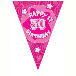 A pink banner that says "Happy 50th birthday."