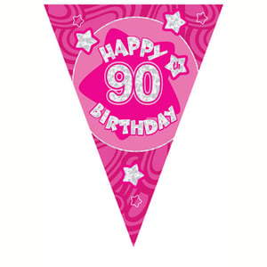A pink banner that says "Happy 90th birthday."