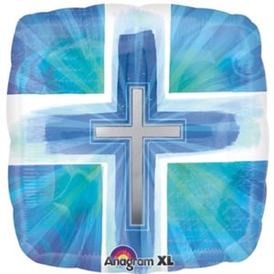 A blue and white balloon with a cross on is.