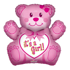 A pink teddy bear-shaped balloon that says "it's a girl."