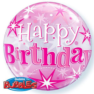 A pink bubble balloon that says "happy birthday."