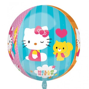 A Hello Kitty balloon with a cat and squirrel on it.