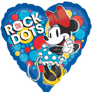 A heart-shaped balloon with Minnie Mouse on it that says "Rock the Dots."