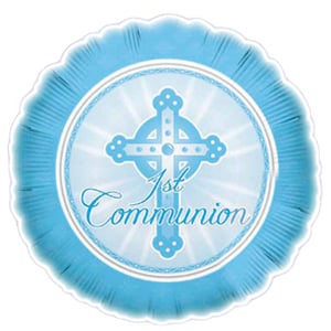 A blue First Communion balloon with a cross on it.