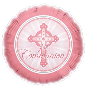 A pink first communion balloon with a cross on it.