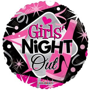 A pink and black balloon that says "girls' night out."
