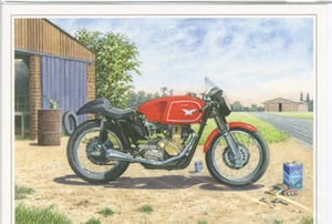 A painting of a red motorcycle in front of a garage.