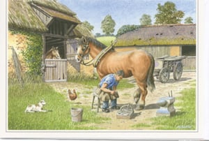 A painting of a man shoeing a horse in front of a barn.