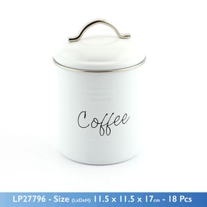 A white coffee container with a silver handle.