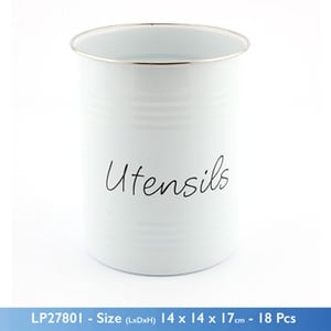 A white can with the word "utensils" on it.