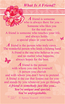 A card that says "What is a friend?" on it.