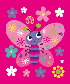 A butterfly is surrounded by flowers on a pink background.
