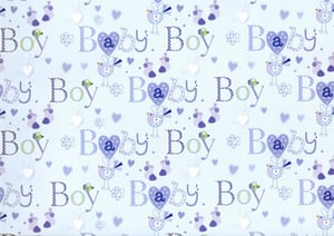 A baby boy wrapping paper with purple hearts and birds.