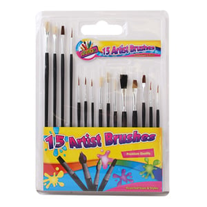 A set of 15 artist brushes is in a plastic case.