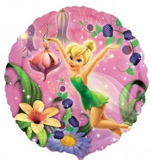 A pink balloon with Tinkerbell on it.