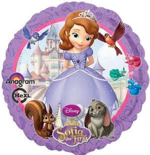 A Sofia the First balloon with a castle in the background.