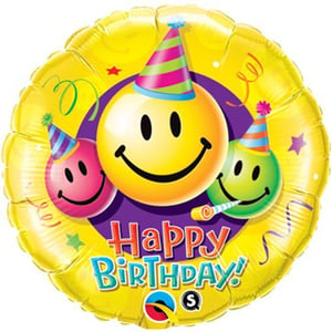 a happy birthday balloon with smiley faces wearing party hats
