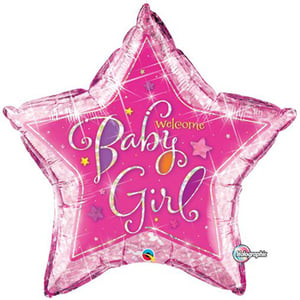 A pink star-shaped balloon that says "Welcome, baby girl."