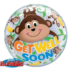 A "Get Well Soon" balloon with monkeys and bananas on it.
