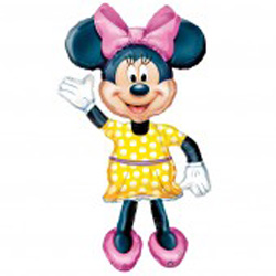 Minnie Mouse is wearing a yellow dress and a pink bow.