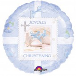 A blue balloon with a picture of a baby and the words "joyous christening" on it.