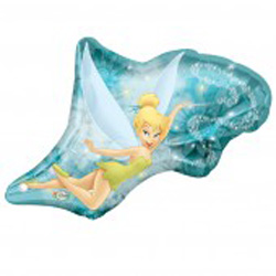 A Tinkerbell balloon is floating in the air.