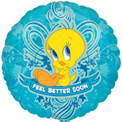 A Tweety bird balloon that says, "Feel better soon."