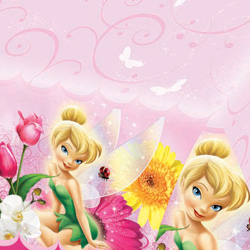 Tinkerbell is sitting on a pink background, surrounded by flowers.