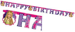 A happy birthday banner with a picture of Hannah Montana.