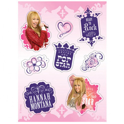 A sheet of Hannah Montana stickers is on a pink background.