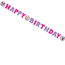 A happy birthday banner with cats on it is on a white background.