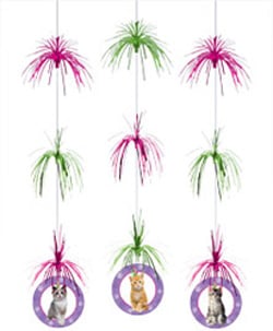 A bunch of hanging decorations with cats are on them.