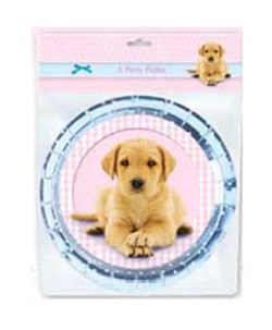 A paper plate with a picture of a puppy on it.
