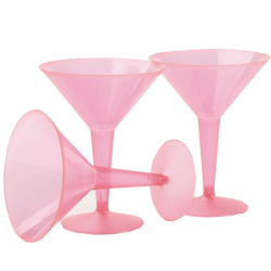 There are no grammatical errors in the sentence: "Three pink plastic martini glasses on a white background."