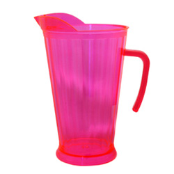 A pink pitcher with a red handle is on a white background.