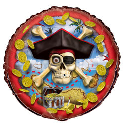 A pirate balloon with a skull and crossbones is on it.