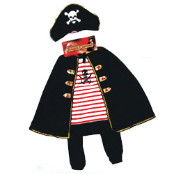 A pirate costume with a cape and hat.