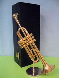 A trumpet sits on a stand next to a black case.