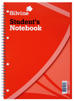 A red spiral-bound student's notebook by Silvine.