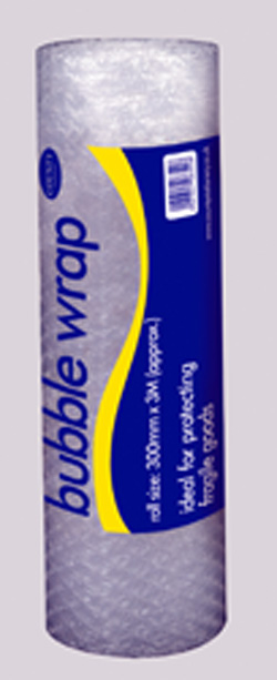 A roll of bubble wrap with a blue label.