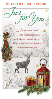 A Christmas card that says "just for you" on it.